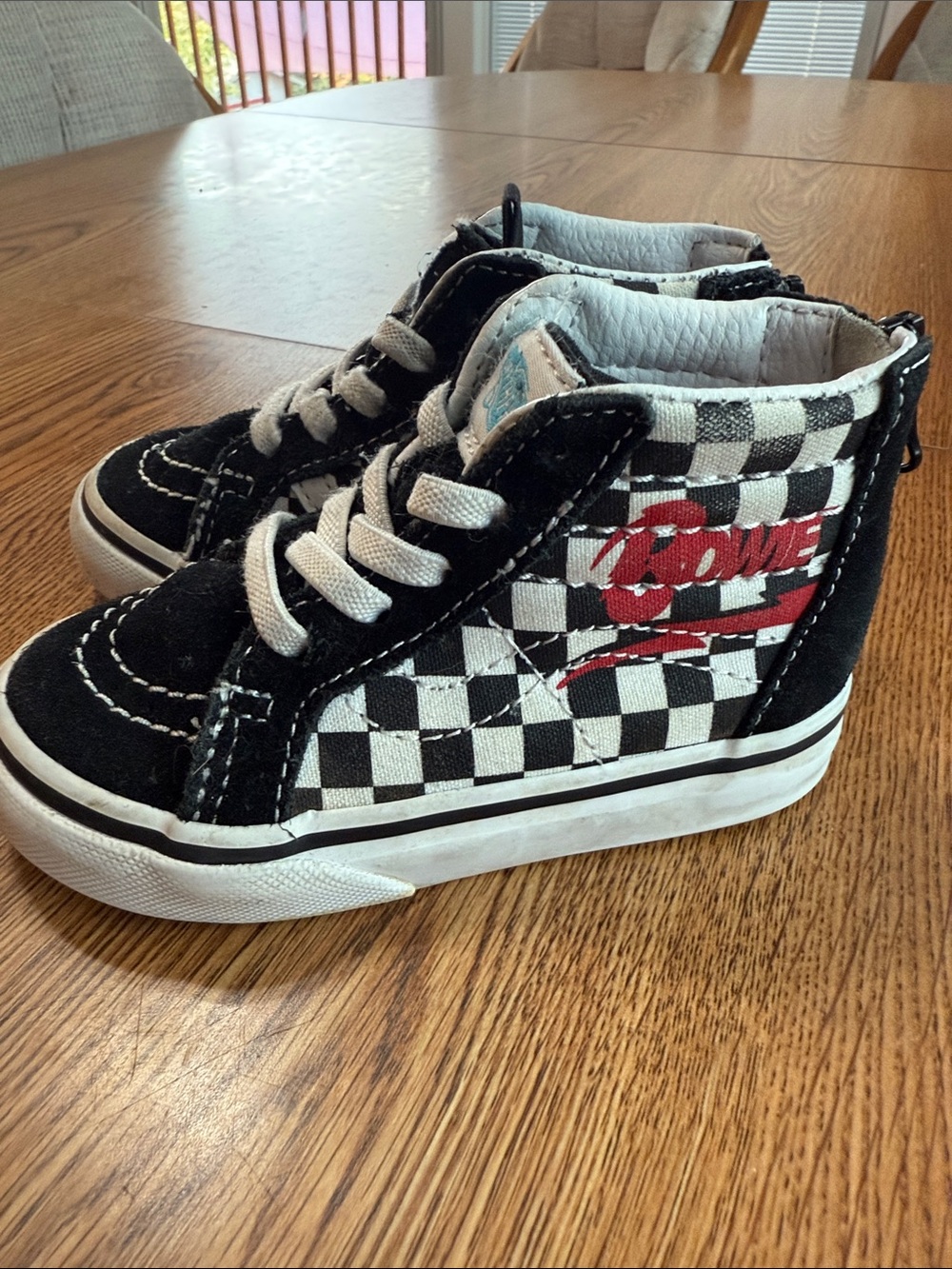 Vans x Bowie Kids Black & White Checkerboard High-Top Sneakers with Red Accent